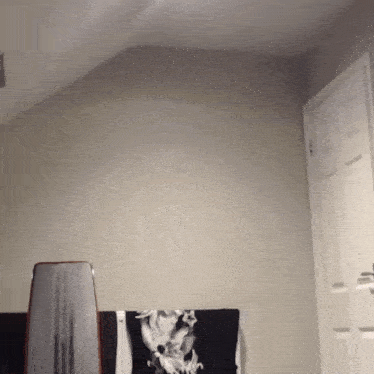 a room with a couch and a mirror with a picture of a skull on it