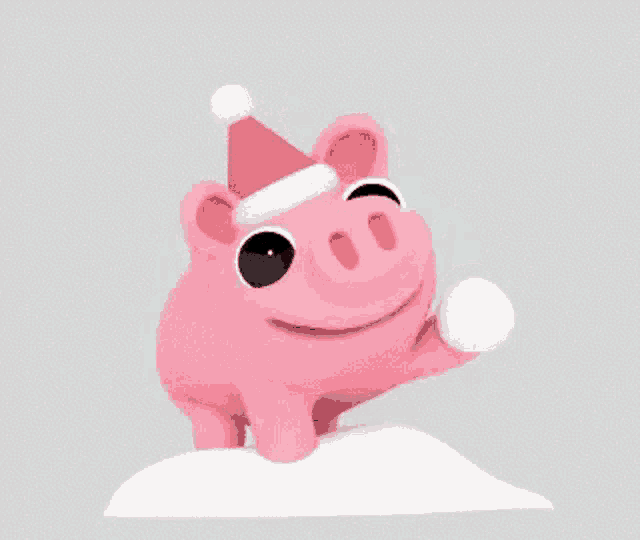 a cartoon pig wearing a santa hat is holding a snowball .