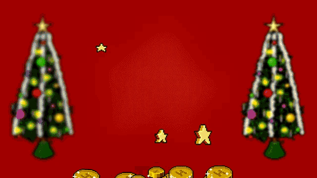 a stack of gold coins with the letter h on them in front of two christmas trees