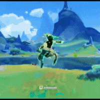 a video game screen shows a person jumping in the air with mountains in the background