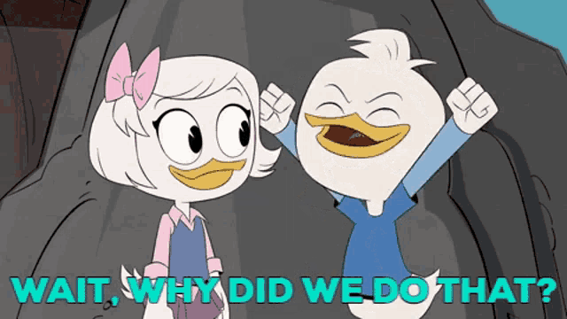 a cartoon of a boy and a girl with the words " wait why did we do that "