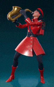 a woman in a red dress is playing a saxophone on a blue background