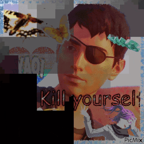a pixel art of a man wearing sunglasses with the words kill yourself on the bottom