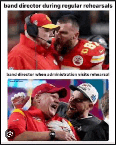 a picture of a band director during regular rehearsals and a picture of a band director when administration visits rehearsal .
