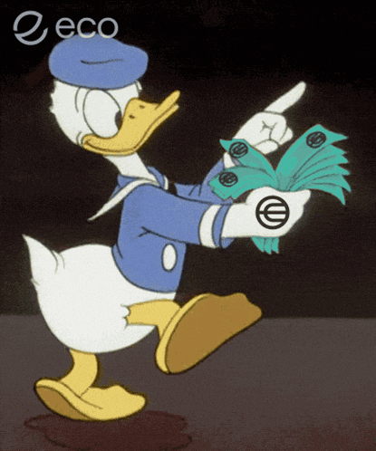 a cartoon of donald duck holding a bunch of money and pointing