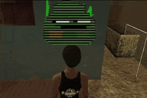 a video game screen shows a man painting a blue t on a wall