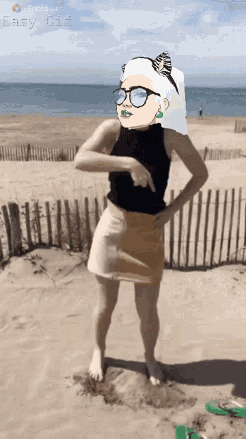a cartoon of a woman standing on a beach with the words easy gif at the top