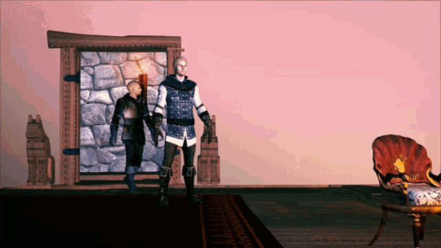 a man and a woman are standing next to each other in front of a stone wall