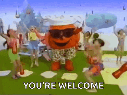 a cartoon character with sunglasses and a chef hat says you 're welcome .