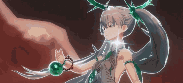 a drawing of a girl with long hair holding a green object in her hand