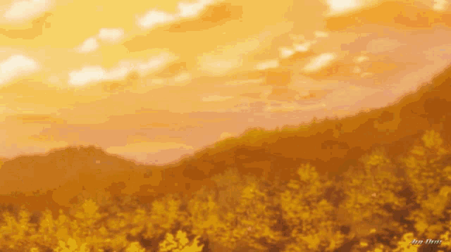 a painting of a sunset over a field of trees