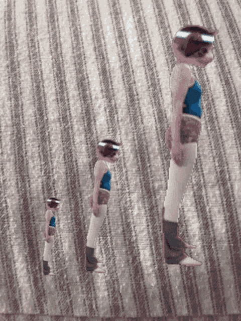 a person wearing a blue tank top and white shorts is standing on a striped cloth