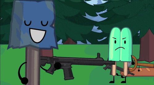 a cartoon character holding a gun next to an ice cream stick