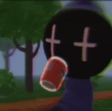 a cartoon character with a cross on his face is standing next to a tree .
