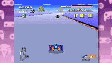 a video game screen shows a car with a speed of 107 km / h going down a track