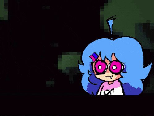 a pixel art drawing of a girl with blue hair thinking