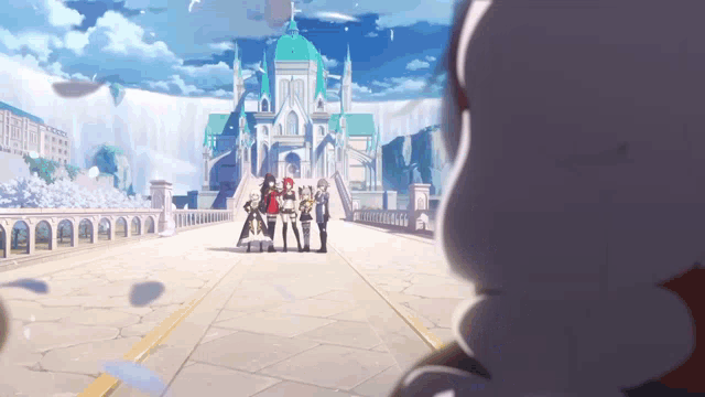 a group of people standing in front of a large castle