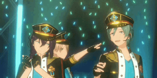 a group of anime characters are standing next to each other on a stage and pointing at something .