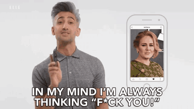 a man is talking on a cell phone and says " in my mind i 'm always thinking " f * ck you "
