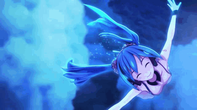 a girl with blue hair is flying through the air with her arms outstretched