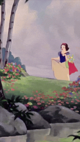 a cartoon of snow white standing in a field with flowers