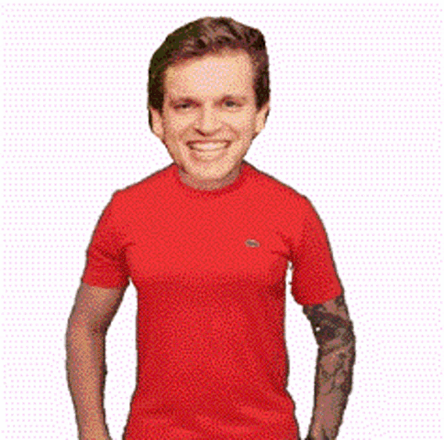 a man wearing a red shirt is giving two thumbs up