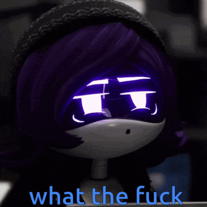 a picture of a robot with purple hair and the words what the fuck