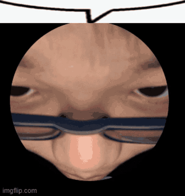 a close up of a person 's face with glasses and a speech bubble above it
