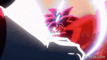 a cartoon character with red hair is fighting another character with a white light coming out of his mouth .