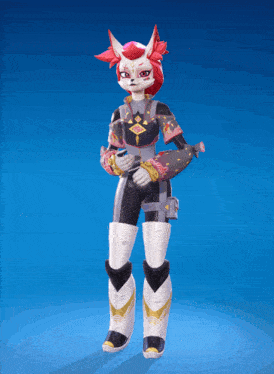 a cartoon character with red hair and white pants is standing in front of a blue background