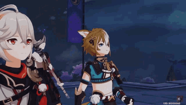 a couple of anime characters standing next to each other with the id # 3150666 on the bottom right