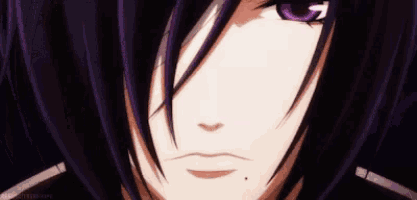 a close up of a anime character with purple eyes