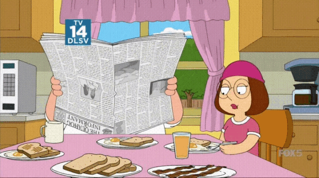 a cartoon character reading a newspaper with a tv 14 dlsv logo