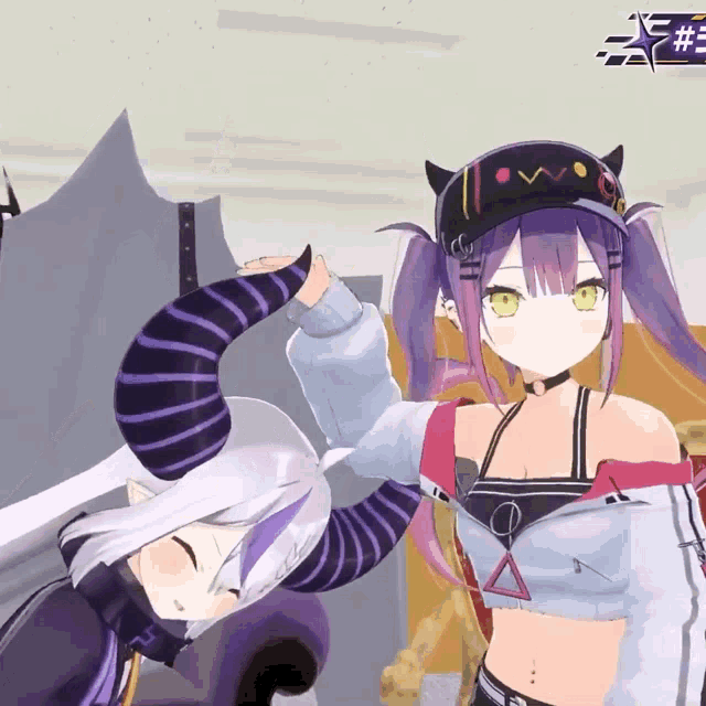 a video game character with purple hair and horns giving a high five