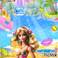 a picture of a barbie doll on the beach with a drink in her hand
