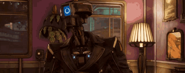 a robot is sitting in front of a lamp in a room