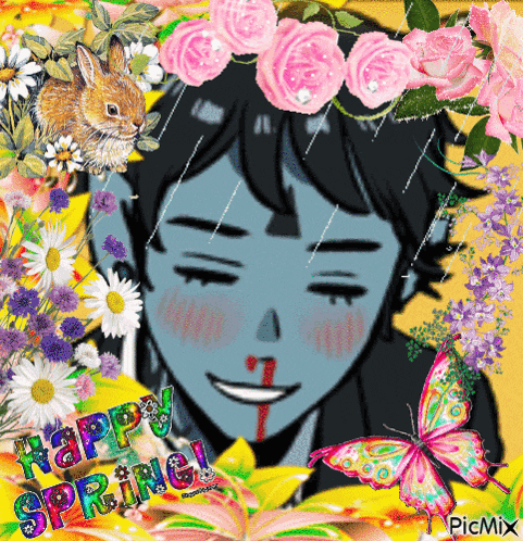 a picture of a boy with a flower crown and the words happy spring on the bottom