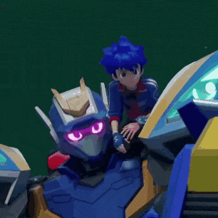a boy is sitting on top of a robot with purple eyes .
