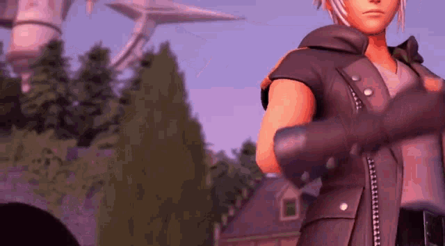 a video game character is standing in front of a house and trees .