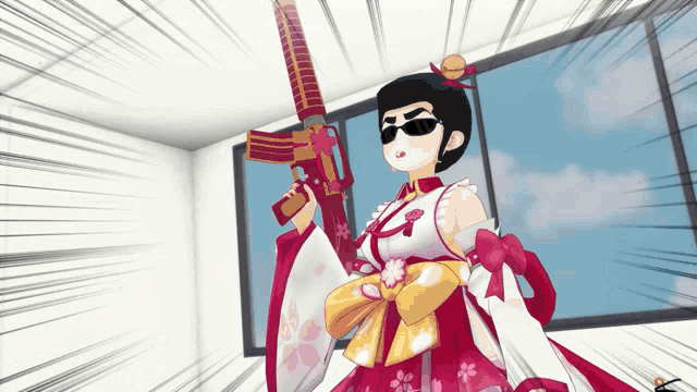 a girl in a kimono holding a gun in a room