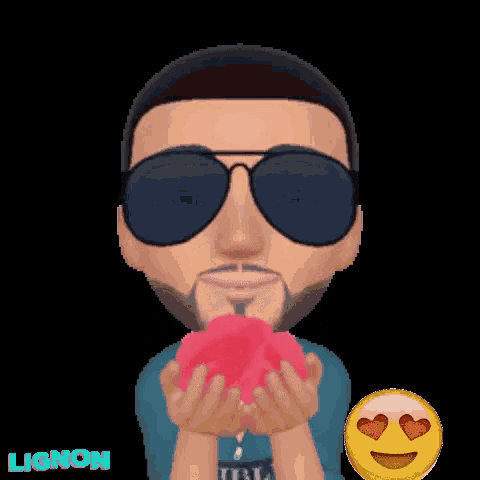 a man wearing sunglasses is blowing a kiss while holding a heart shaped cotton candy .