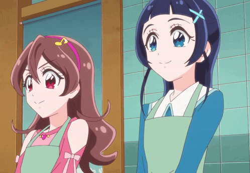 two anime girls are standing next to each other in front of a window