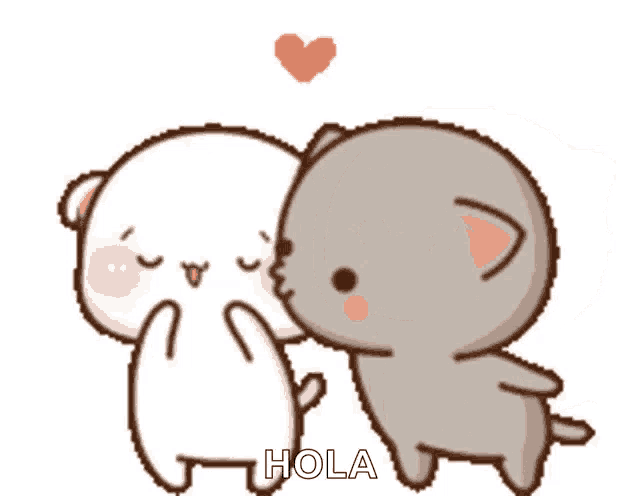 two cartoon cats are standing next to each other with a heart above them and the word hola below them