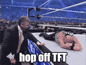 a wrestler laying on the ground with the words hop off tft written on the bottom