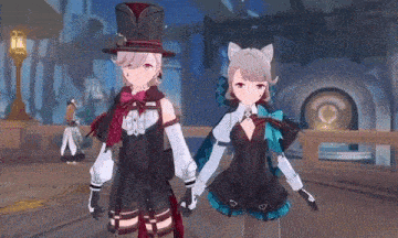 two anime girls are standing next to each other in a video game .