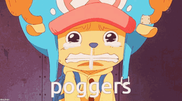 a crying cartoon character with the word poggers on the bottom right