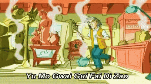 a cartoon of a man in a room with the words yu mo gwai gui fai di zao above him