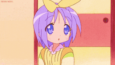 a girl with purple hair and blue eyes is wearing a yellow bow on her head ..