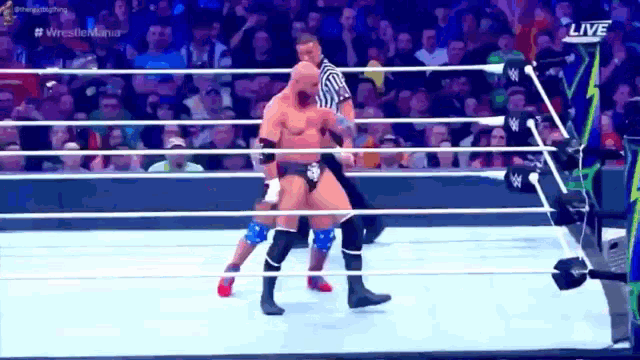 two men are wrestling in a wrestling ring with a referee .