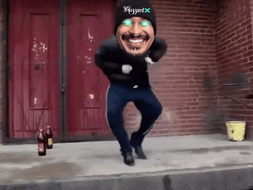 a man wearing a blizzard hat is dancing
